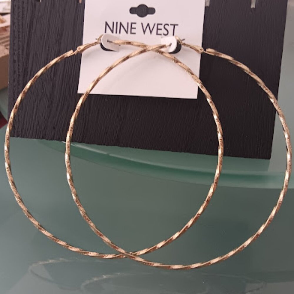 NINE WEST Hip Hop Gold Twisted & Textured 4.5" Statement Hoop Earrings**NEW! - Picture 2 of 3